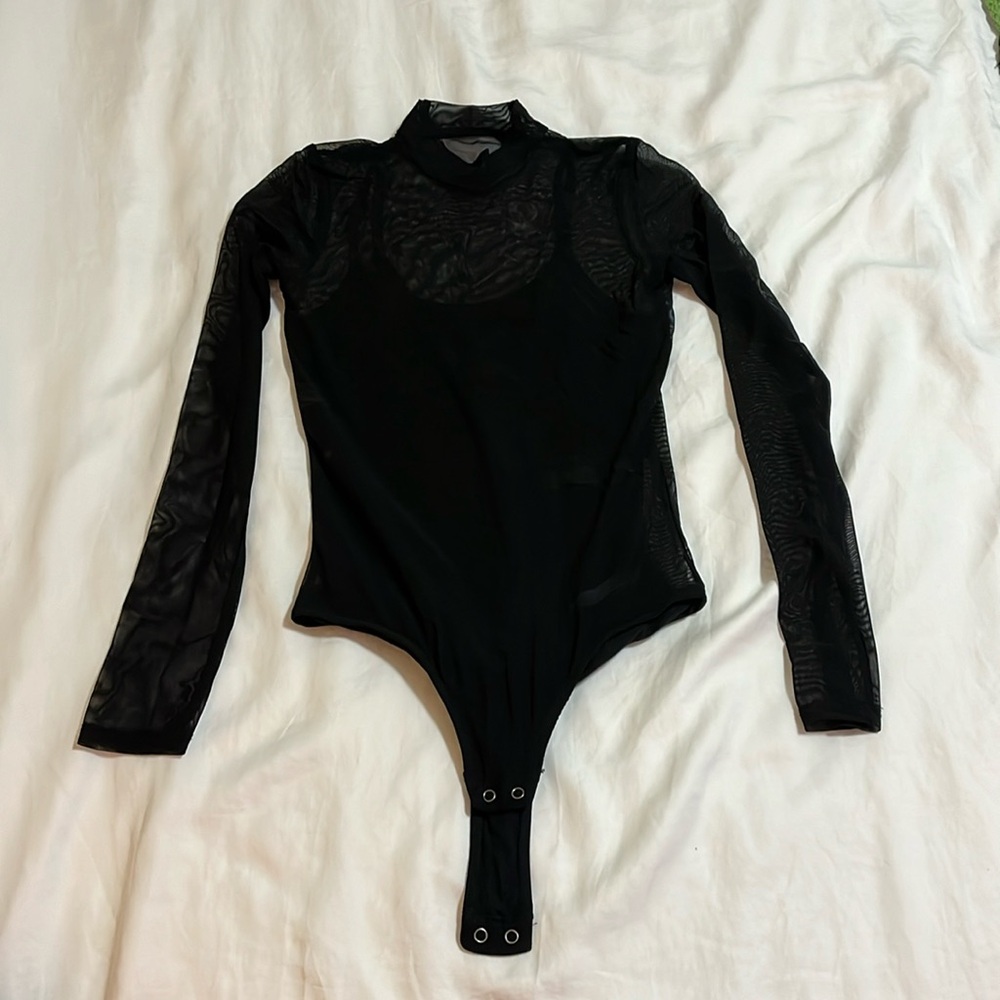 Black mesh mock neck bodysuit with tank top